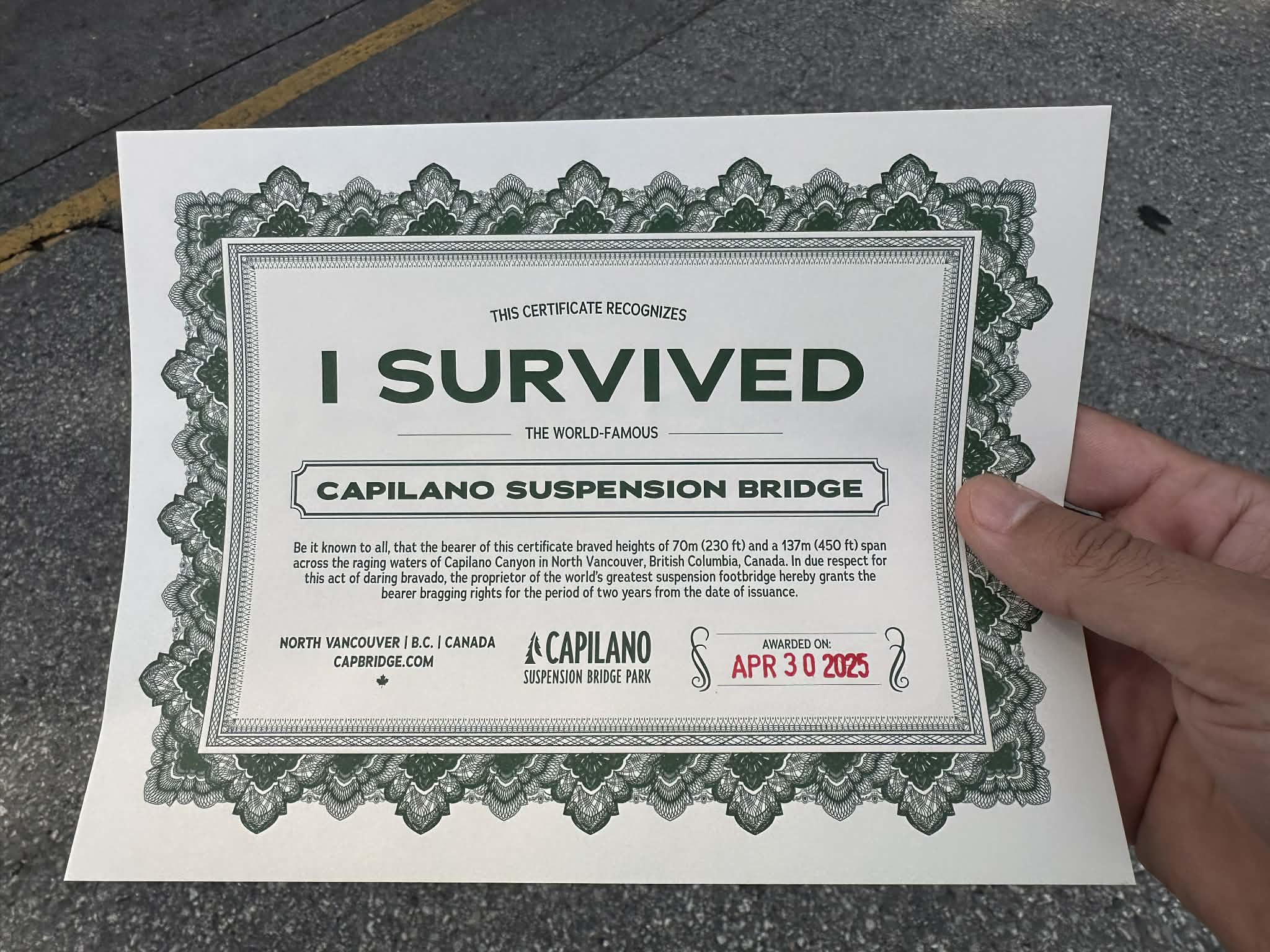 Certificado de supervivencia al puente colgante del Capilano