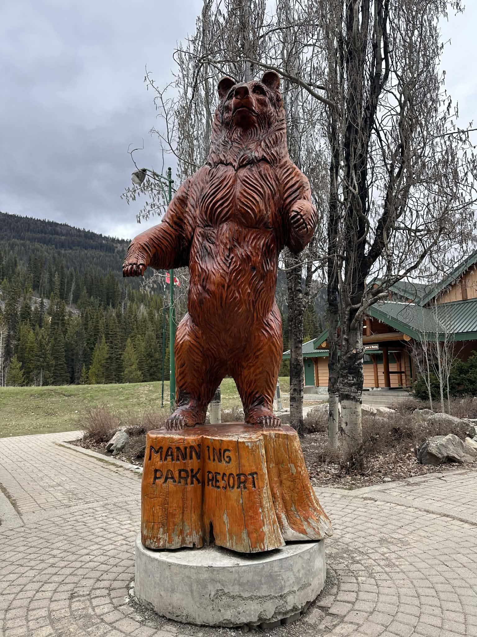 Estatua de madera de oso en el parque manning